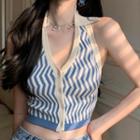 Halter-neck Collared Printed Knit Top Blue - One Size