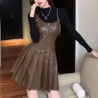 Set: Spaghetti Strap Pleated Faux Leather Mini A-line Dress + Mock-neck Knit Top