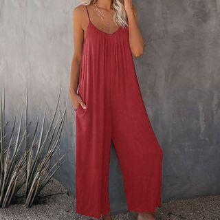 Spaghetti-strap Plain Loose Fit Jumper Pants