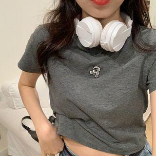 Short-sleeve Embroidered T-shirt Dark Gray - One Size