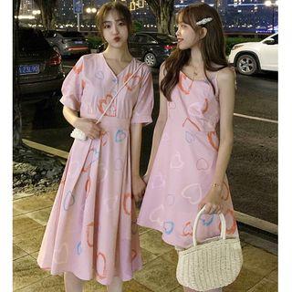 Printed Strappy A-line Dress / Short-sleeve Midi Dress