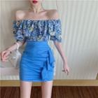 Off-shoulder Floral Blouse / A-line Mini Skirt
