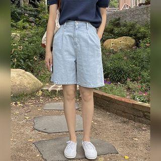 Band-waist Pintuck Denim Shorts