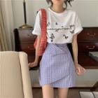 Lettering Butterfly Print Elbow-sleeve T-shirt / Plaid Mini A-line Skirt