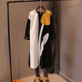 Long-sleeve Color Block Midi A-line Dress Black & White & Yellow - One Size