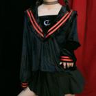 Embroidered Sailor Collar Long-sleeve Velvet Top Black - One Size