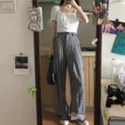 Puff-sleeve Cropped Blouse / Gingham Wide-leg Pants
