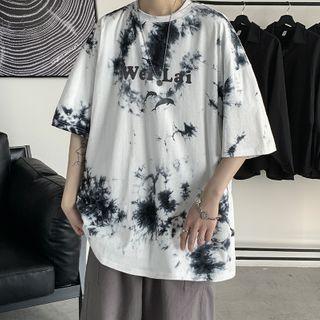 Elbow-sleeve Lettering Tie Dye Shirt