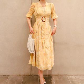 Print Puff-sleeve A-line Midi Dress