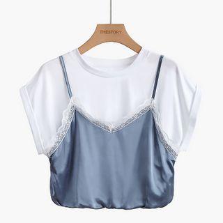 Mock Two-piece Lace Trim Short-sleeve Cropped T-shirt White - One Size