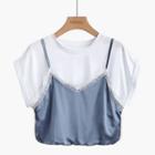 Mock Two-piece Lace Trim Short-sleeve Cropped T-shirt White - One Size
