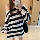 Striped One-shoulder Long-sleeve Oversize T-shirt Thick Stripes - One Size