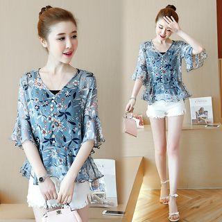3/4-sleeve Floral Ruffled Top