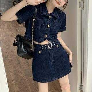 Short-sleeve Denim Crop Shirt / Belted Mini Skirt