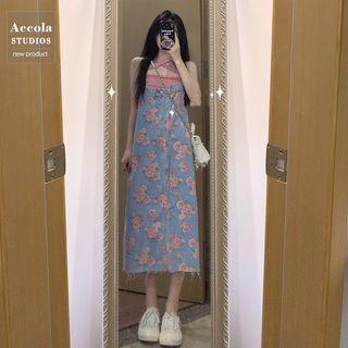 Floral Denim Midi A-line Overall Dress / Crisscross Camisole Top