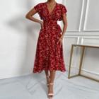 Floral Ruffle-sleeve V-neck Tie-waist A-line Dress