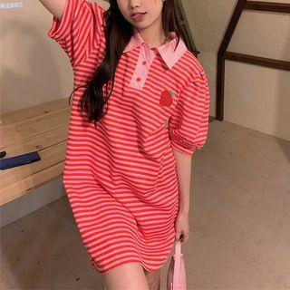 Puff-sleeve Collar Striped Strawberry Embroidered Mini T-shirt Dress