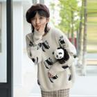 Panda Print Crew-neck Sweater Almond - One Size