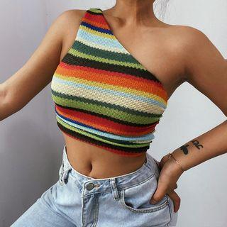 One-shoulder Striped Crop Top