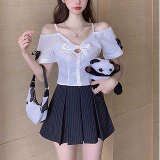 Short-sleeve Blouse / Striped Mini A-line Skort