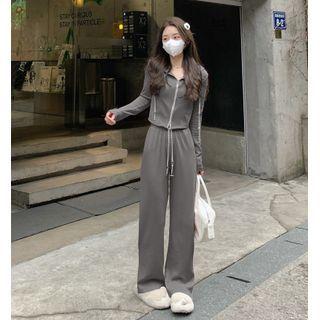 Plain Zip Cardigan / High-waist Straight-cut Split Pants