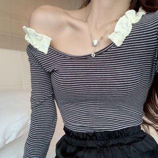 Long-sleeve Ruffled Trim Panel Striped T-shirt