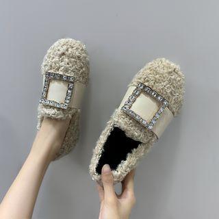 Rhinestone Buckle Fluffy Loafers