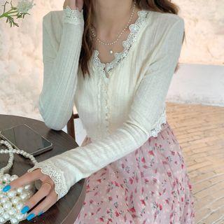 Lace Trim Cropped Cardigan Light Green - One Size