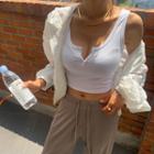 U-neck Button-trim Cropped Tank Top