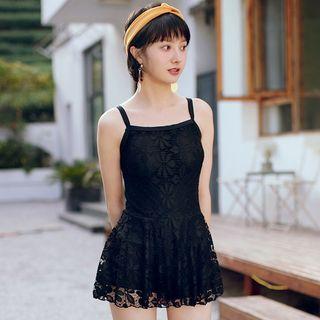 Set: Spaghetti Strap Lace Swimdress + Short-sleeve Cover-up