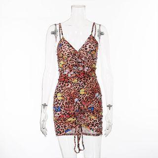 Spaghetti Strap Printed Drawstring Bodycon Dress