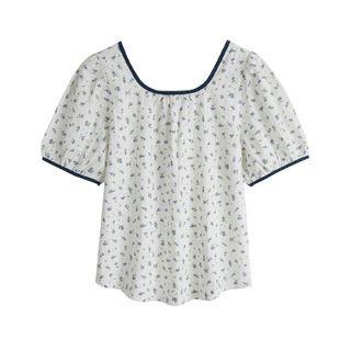 Contrast Trim Floral Print Chiffon Blouse