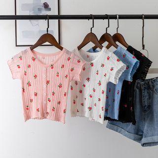 Short-sleeve Floral Print Buttoned Knit Top