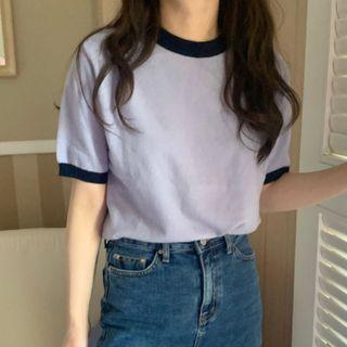 Round Neck Color Block Short Sleeve Knitted Top