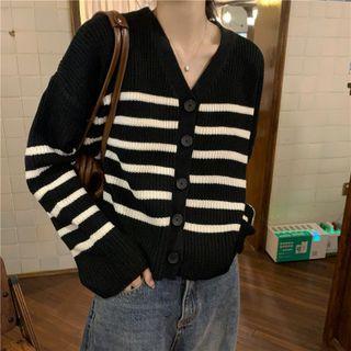 V-neck Striped Two Tone Button-up Oversize Cardigan
