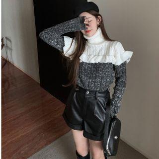 Mock Two-piece Ruffled Turtleneck Sweater Gray - One Size