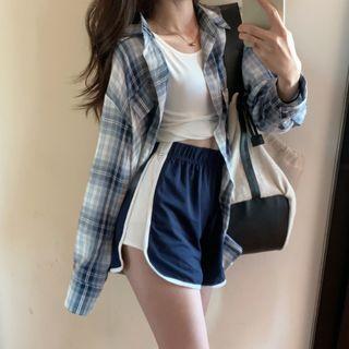 Crop Tank Top / Plaid Loose-fit Light Shirt / Colorblock Shorts