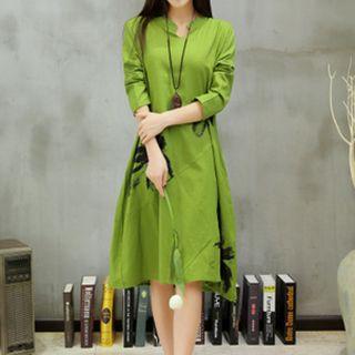Split-neck Printed Linen-blend Dress