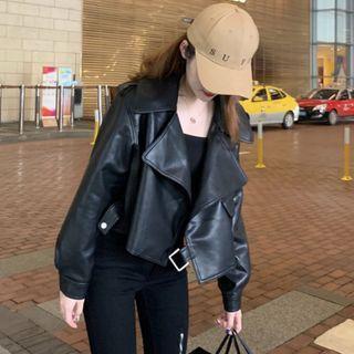 Notch Lapel Faux Leather Jacket Black - One Size