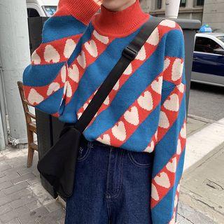 Mock Neck Heart Jacquard Knit Top As Shown In Figure - One Size