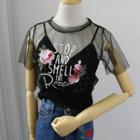 Set: Lettering Floral Print Short Sleeve Mesh Top + Camisole Top