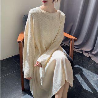 Set : Round-neck Long-sleeve Sweater + Spaghetti-strap Dress