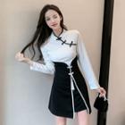 Long-sleeve Two-tone Tasseled Mini A-line Qipao Dress