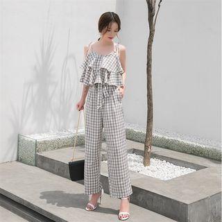 Set: Tie-neck Ruffle Top + Wide-leg Pants
