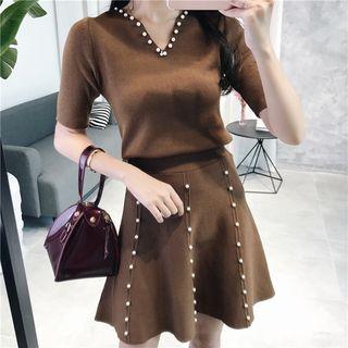 Set: Faux Pearl Short-sleeve Knit Top + A-line Skirt