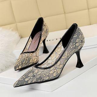 Floral Print Lace Panel Kitten Heel Pumps