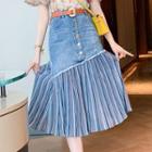 Striped Panel Midi Denim Skirt / Belt