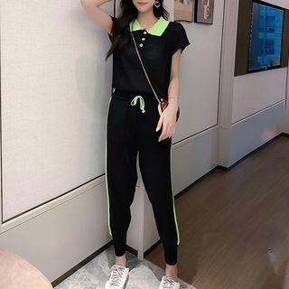 Set: Short-sleeve Knit Polo Shirt + Harem Pants