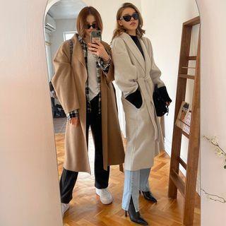Shawl-collar Long Wrap Coat With Sash