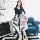Long-sleeve Color Block Midi A-line Dress